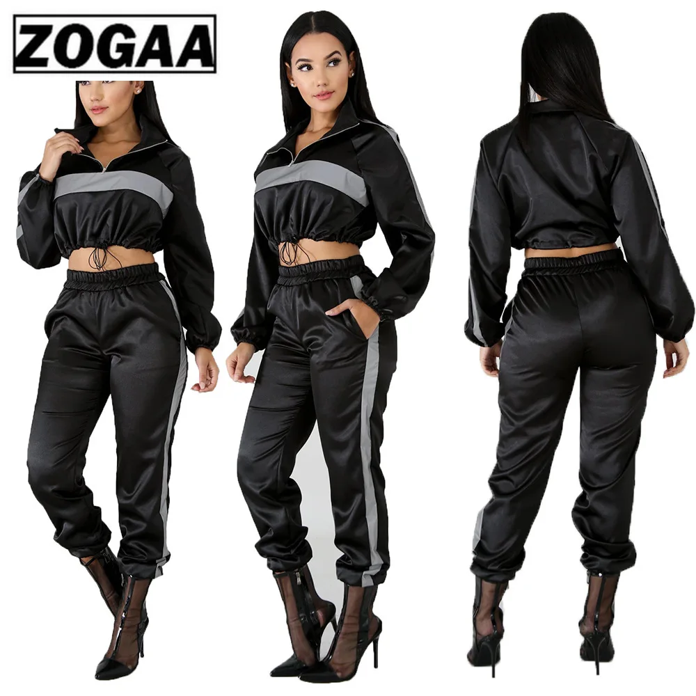

ZOGAA 2019 Reflective Tracksuit 2 Two Piece Set Women Clothes Black Crop Top+Pants Sweat Suit Sexy Club Outfits Matching Sets