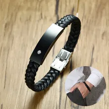 Потрясающий мужской черный кожаный плетеный браслет с ID-биркой, с фианитами, с гравировкой, Алла, Анка, глаз хора, мужские ювелирные изделия 8,26"