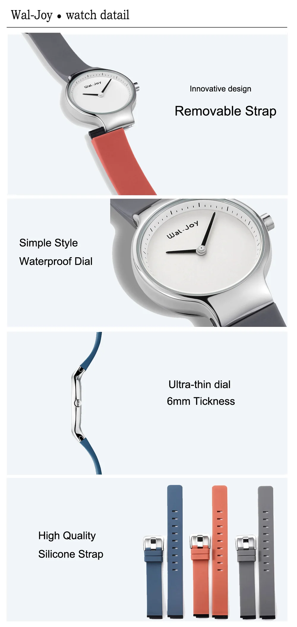 Wal-Joy брендовые модные трендовые маленькие ультра тонкие дамские часы со съемным силиконовым ремешком женские водонепроницаемые часы из кварца(9008-2