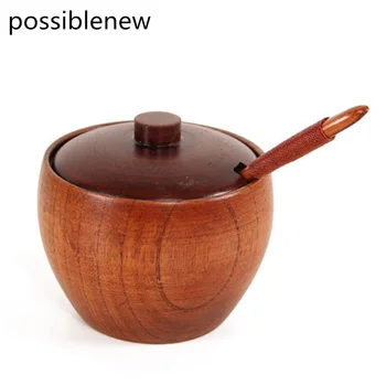 

Hot Fashion Natural Wood Spice Jar Salt Box Spoon Herbs Seasoning Container Bowl Seasoning Cans Pepper Salt Bottle Kitchen