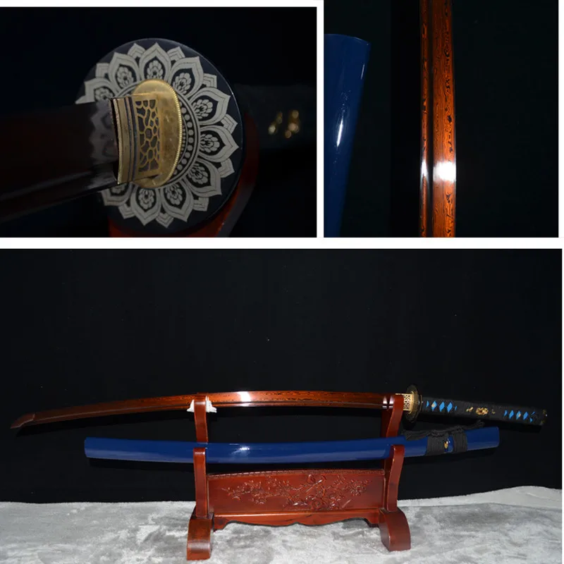 

41" FOLDED STEEL RED COPPER TSUBA JAPANESE SAMURAI SWORD KATANA FULL TANG REAL SHARP BIRD THEME BLUE SAYA