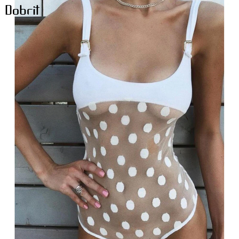 

2019 New Sexy Mesh Dot Transparent Swimsuit One Piece Swimwear Black White Beach Swim Wear Monokini Bathing Suit Bodysuit Bikini