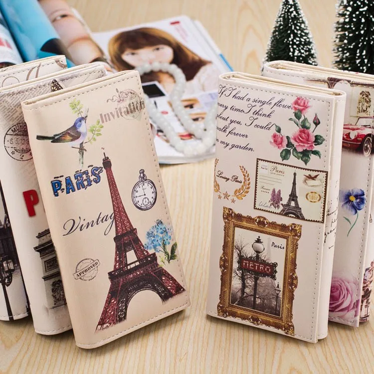  1 PC New Fashion Women Lady Retro Vintage  Long Purse Clutch Wallet London Eiffel Towel Doll Design Printing Bag Card Holder 