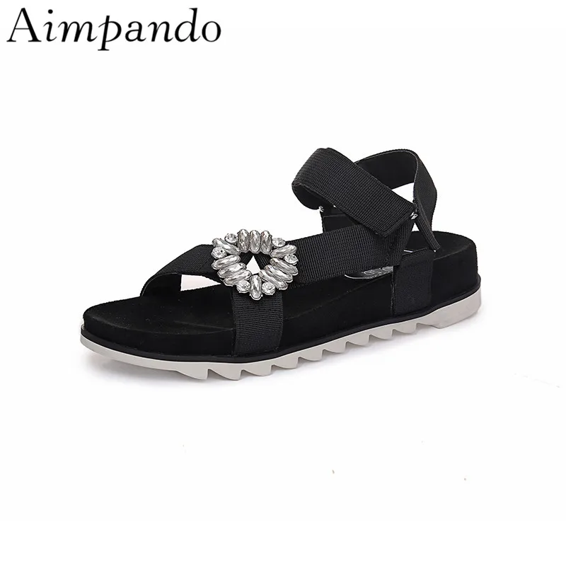 

Flat Platform Summer Shoes Canvas Studded Strap Rhinestone Fisherman Beach Shoes Sandals Women