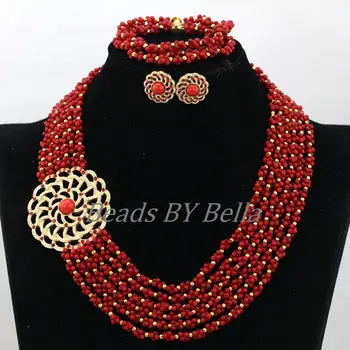 

Handmade Red Coral Beads African Wedding Bridal Jewelry Set Nigerian Statement Necklace Lace Jewelry Set Free Shipping ABK871