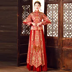 Китайские традиционные свадебное платье Для женщин феникс вышивка стразами Современное платье-Ципао длинное Ципао красный Восточный