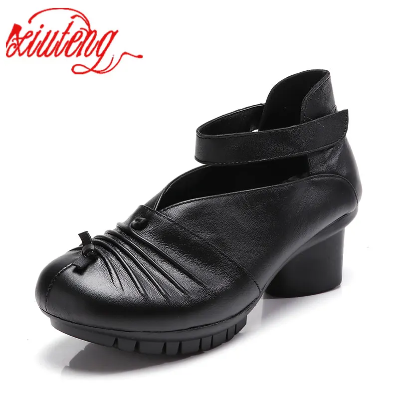 

Xiuteng 2018 Genuine Leather Women Shoes Summer Thick Med Heels Work Dress Shoes Pumps Spring Autumn Red Shoes Women Size 41