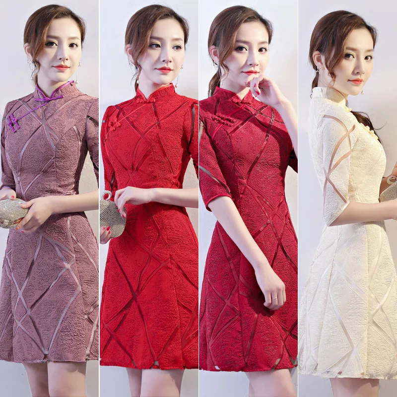 U-SWEAR 2019 Новое поступление 4 цвета Для женщин Cheongsam платья подружек невесты рукав три четверти, мини платье Винтаж кружевное платье подружки