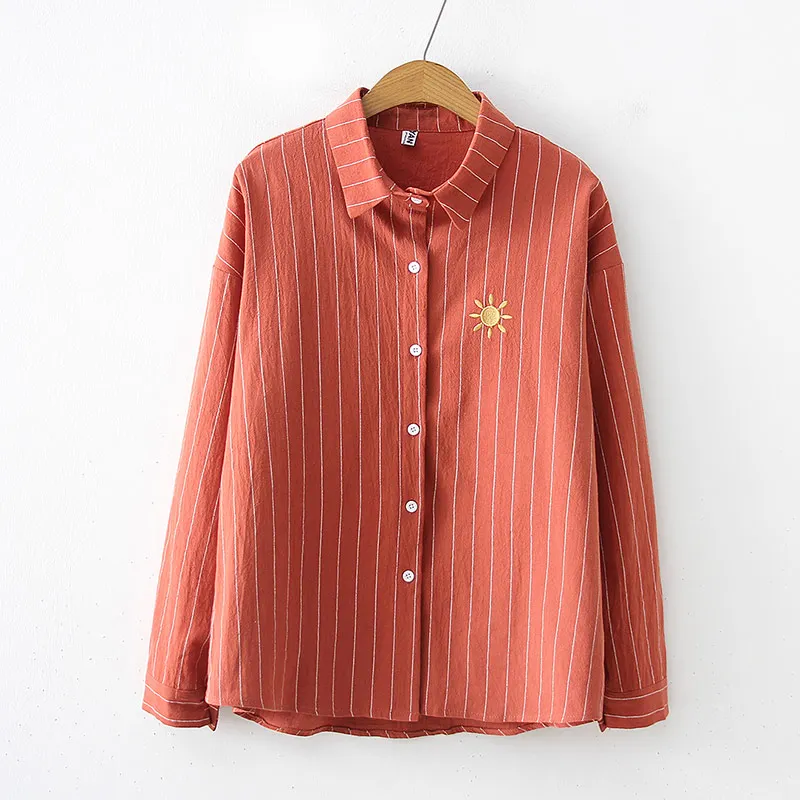 Striped Weather Embroidery Cute Women Blouse Long Sleeve Turn Collar Students College Shirts 2019 Summer Loose Casual Tops Woman