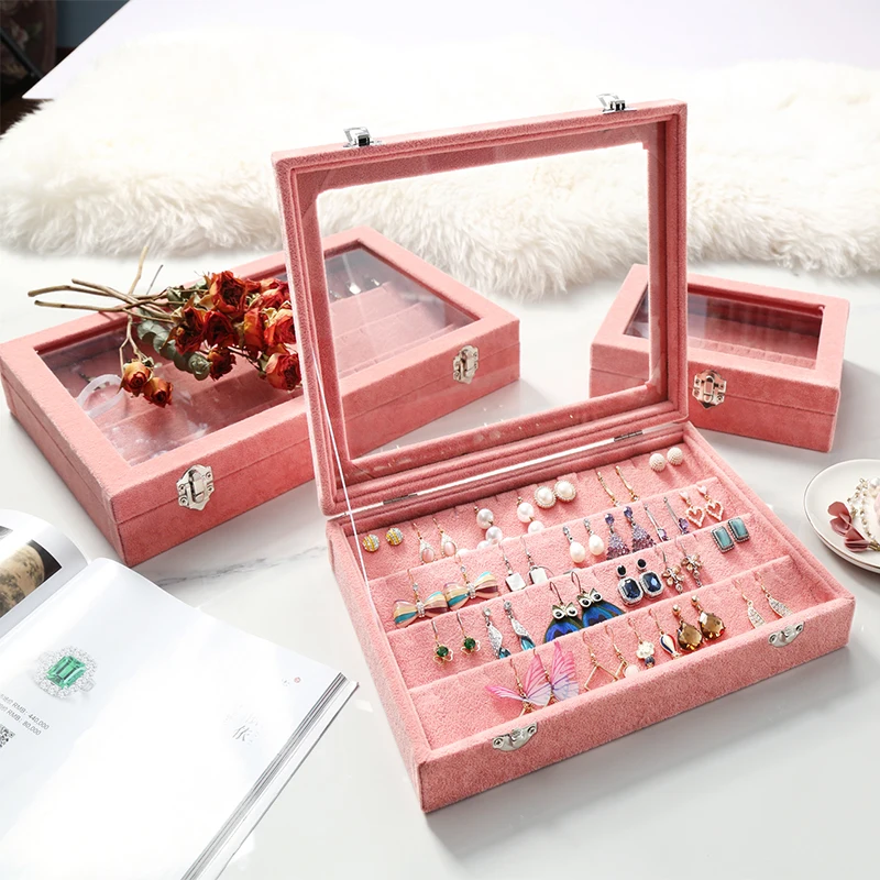 

M Velvet Glass Jewelry Display Box Jewelry Tray Holder Casket Storage Organizer 2017 Earrings Ring Box Z1131