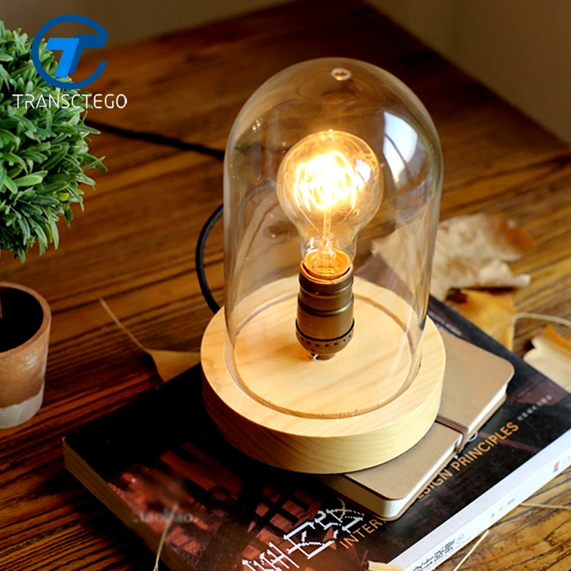 

Vintage style glass lampshade table lamp rubber wood desk lights booklight solid wood edison desk lamp