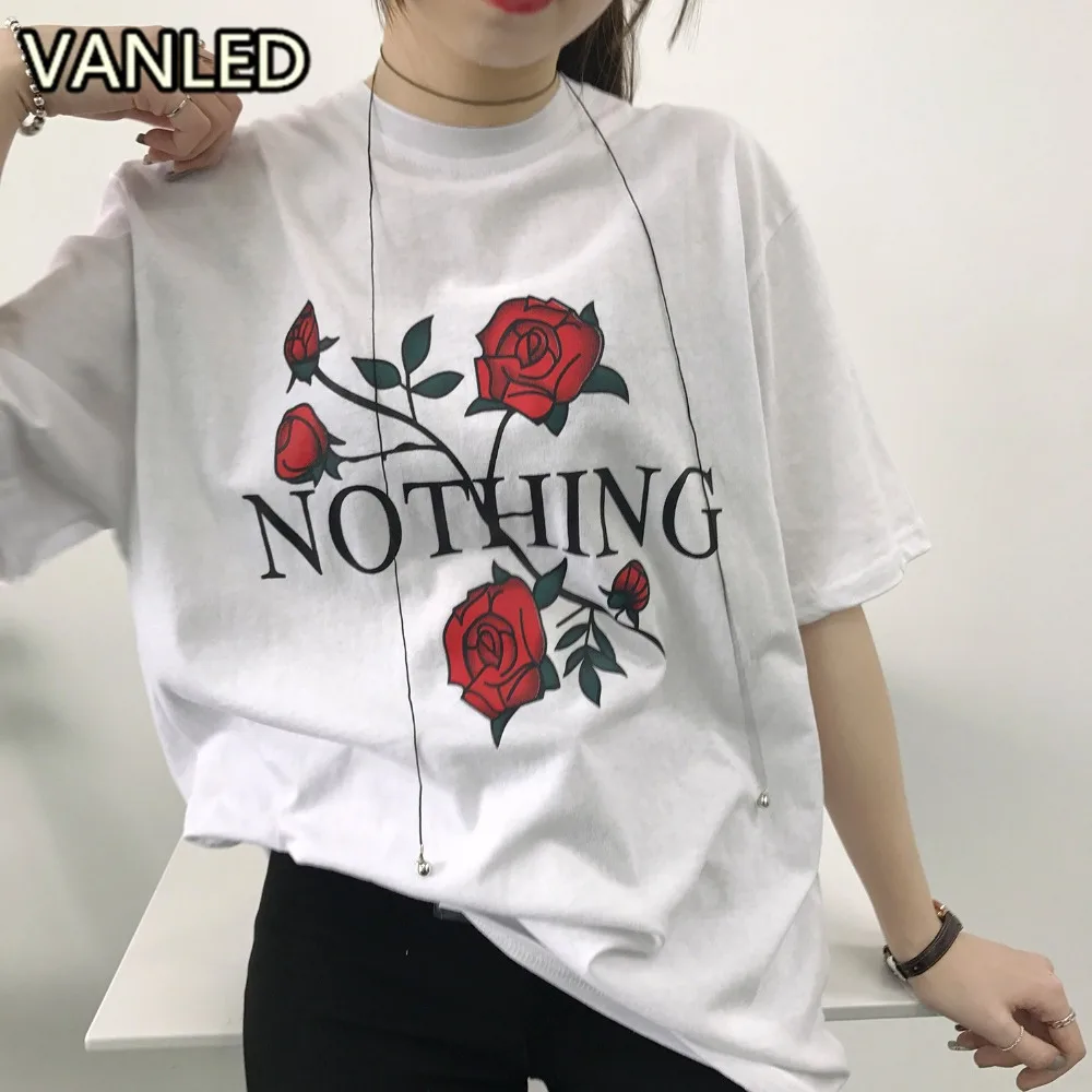 American Women Red Roses T Shirts Nothing Letter Female Short Sleeve Baggy T Shirt In Summer