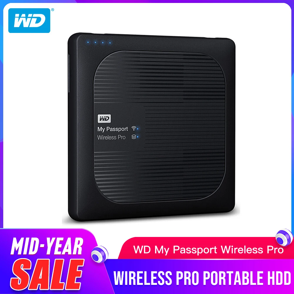 

Western Digital Pro Portable External Hard Drive WD 2TB 3TB 4TB My Passport Wireless- WiFi USB 3.0- battery (up to 10 hours)