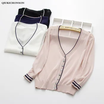 

Qiukichonson Thin Summer Cardigan Women 2019 Summer Casual V-Neck Single Breasted Knitted Cardigans Short Cropped Knitwear mujer