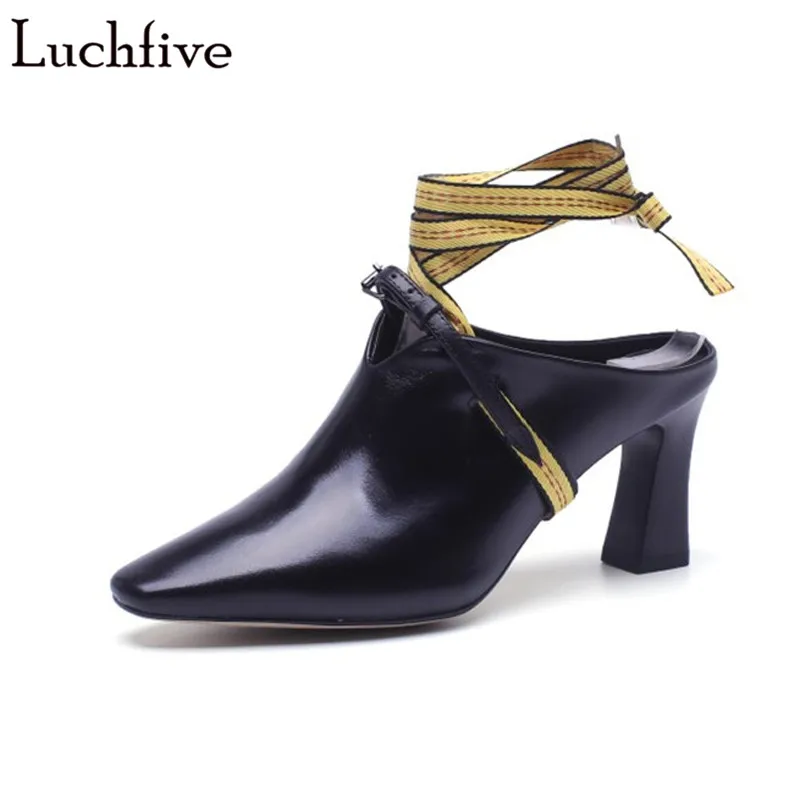 

Genuine leather Sandals women high Heels pointed toe Slippers cross tied Summer shoes 2018 runway designer pumps zapatos mujer