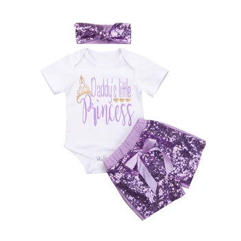 

Summer Cotton Baby Girls Infant Cute Letter Romper+Fashion paillette Purple Pants Newborn Casual Party Clothes Outfits