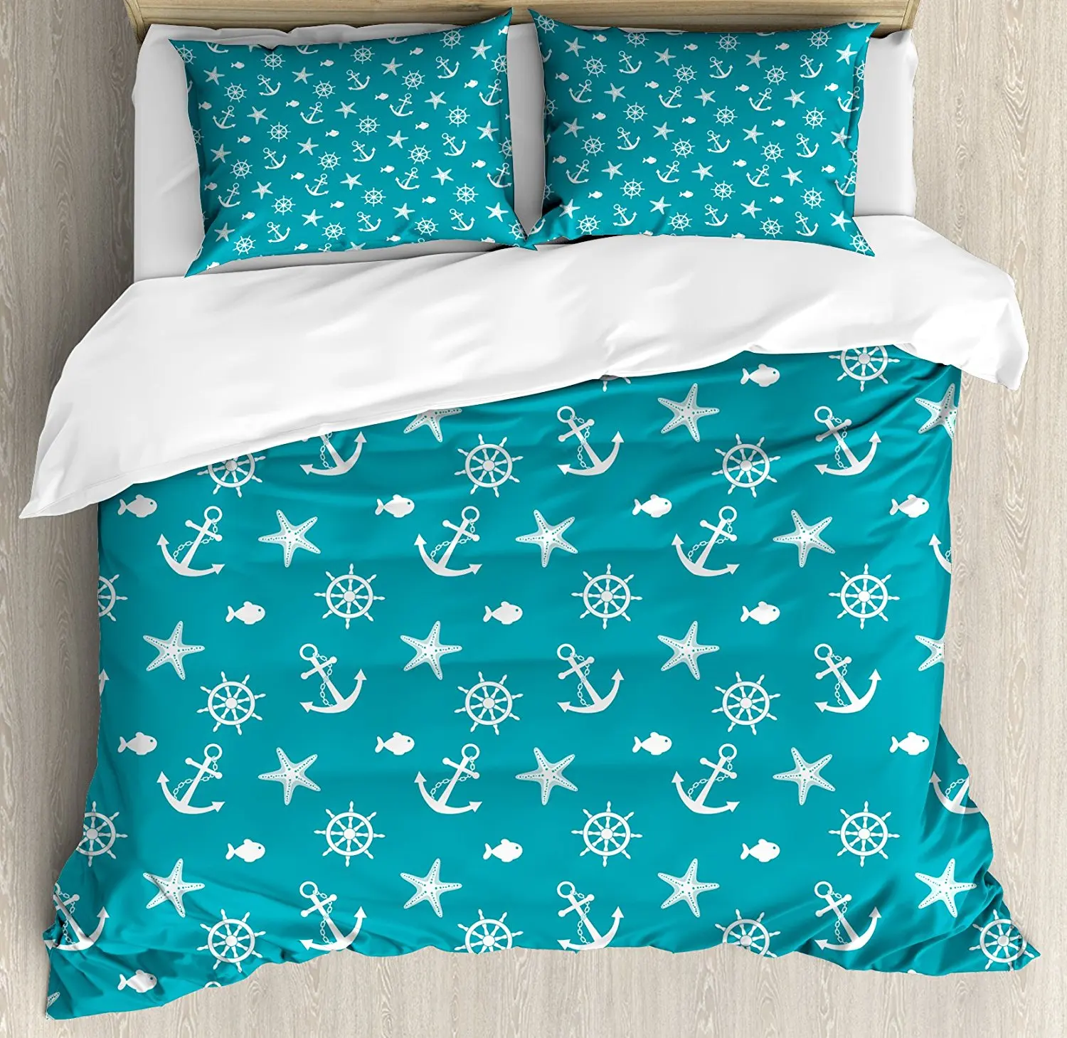 

Nautical Duvet Cover Set Ocean Creatures Silhouettes Fish Starfish Helm on Vivid Background Sailing Theme 4 Piece Bedding Set