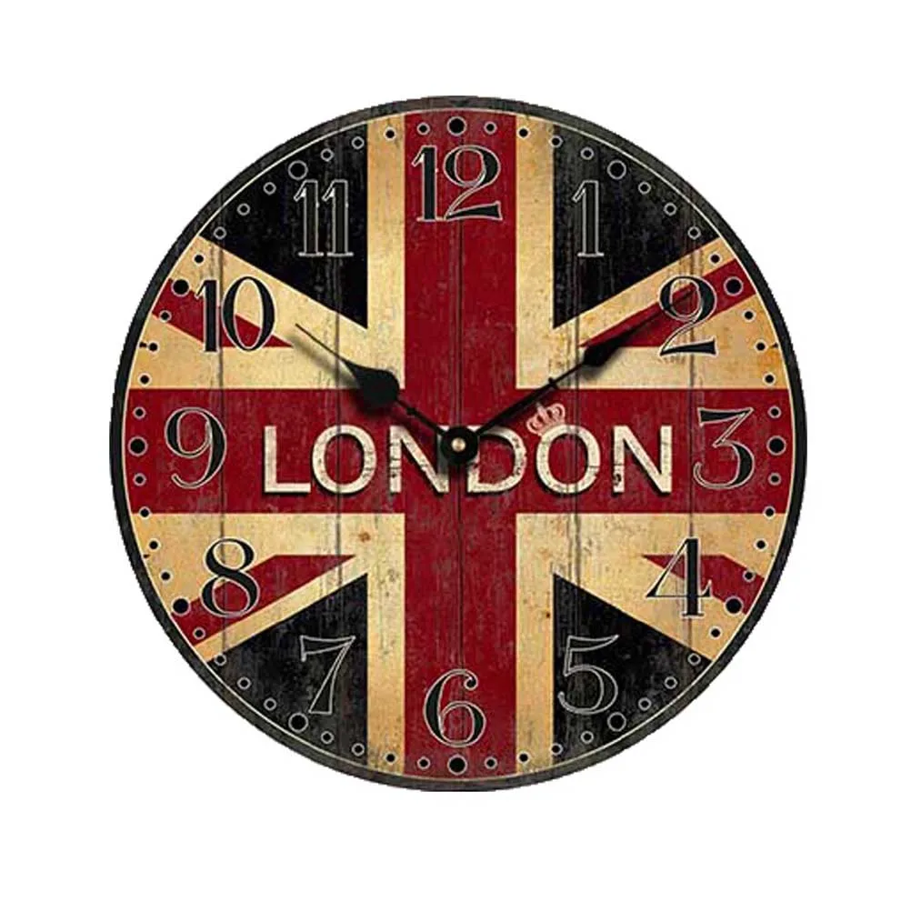 

Vintage British flag Style Non-Ticking Silent Wood Wall Clock with LONDON