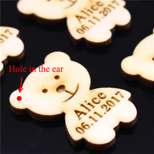 50 Pcs Wooden Bear Baby Shower Chocolate Banner Personalized Name On Bear Favors Wood Tag For Your Baby's Baptism - Цвет: Hole in ear