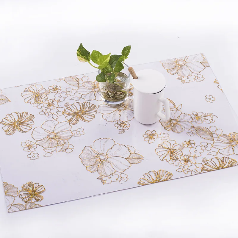 0.15mm PVC Gold Flower Table Clothsoft Glass Tablecloths Waterproof Oilcloth Dining Kitchen Table Mats for Party Home Decoration
