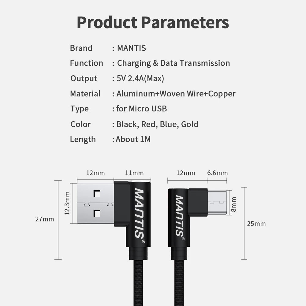 Micro USB кабель MANTIS 3 м 2 м 1 м 90 градусов нейлоновый кабель для синхронизации данных и быстрой зарядки для samsung huawei Xiaomi Oneplus Redmi