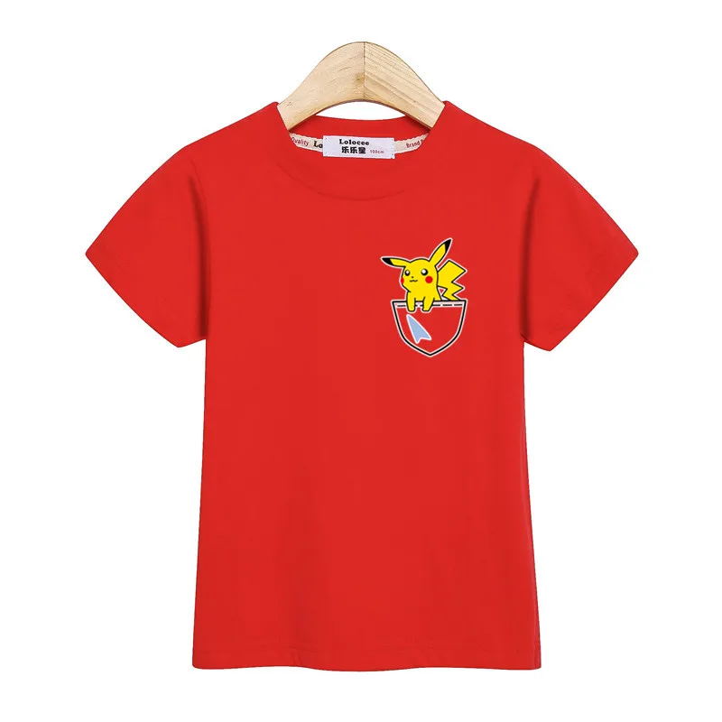 Funny pockets pikachu tops kids clothes little boys short sleeve t-shirt baby girls cute print costume kid boy casual tee shirt - Цвет: Red