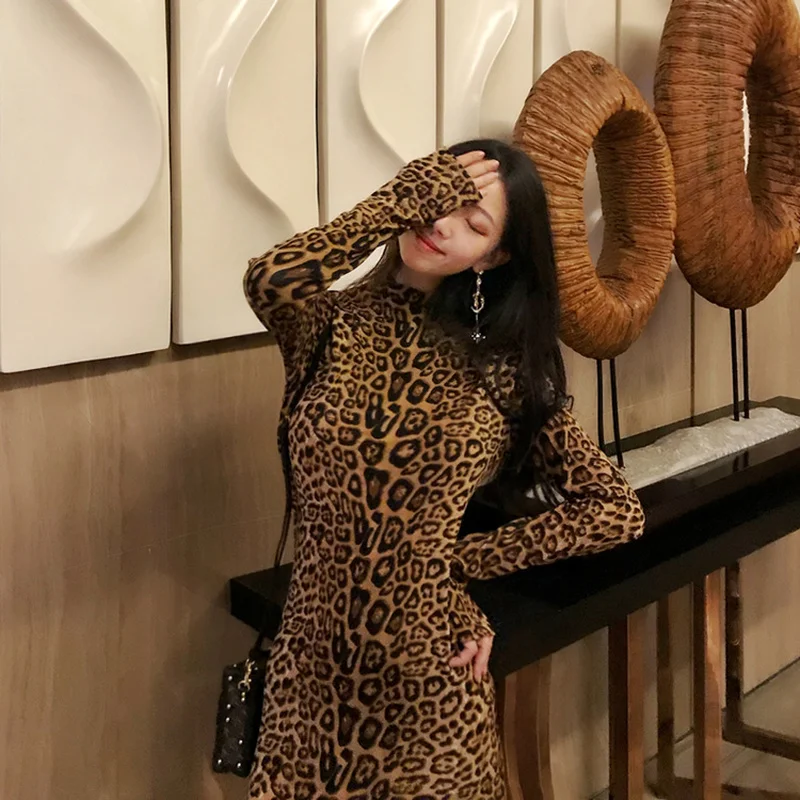 Woherb леопардовое змеиное Платье макси с длинным рукавом для женщин Весна Осень водолазка винтажные вечерние платья Vestidos 21622