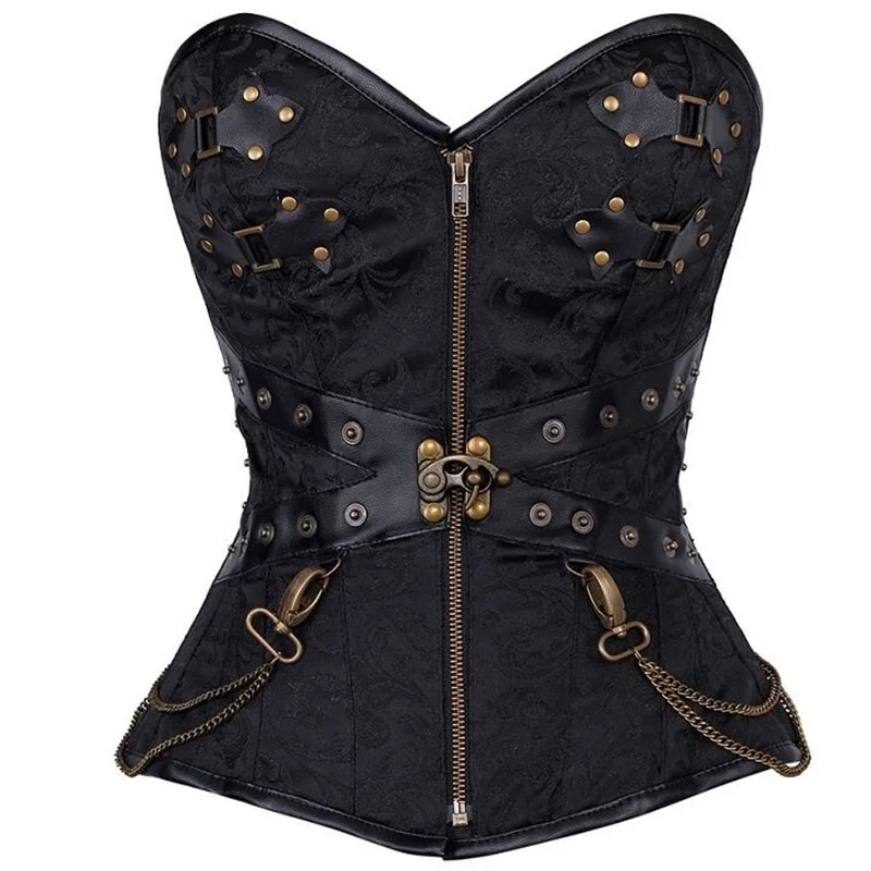 Black Brocade Overbust Espartilho Top Sexy Waist Trainer Steampunk Corselet Gothique Clothing Steel Boned Corsets and Bustiers (2)
