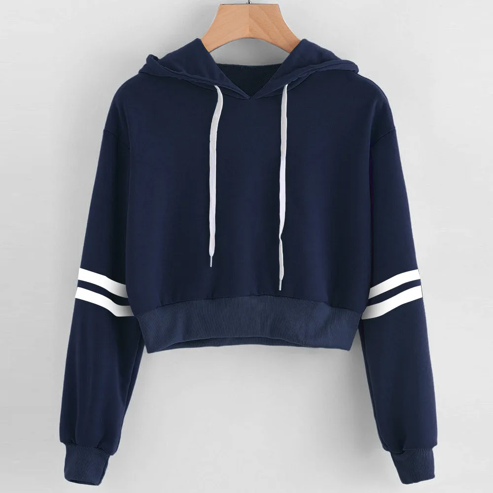 COOKI Womens Casual Long Sleeve Crop Tops Sweatshirts Striped Drawstring Hoodies Pullover Cropped Hooded Jumper Shirt Tops