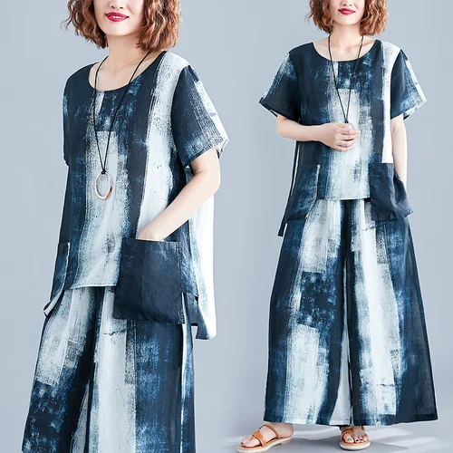

2019 Spring Autumer Fat Retro Literature Art Fashion Pocket Woman Top Loose Legs Pants Western Style Female Personality Clothes
