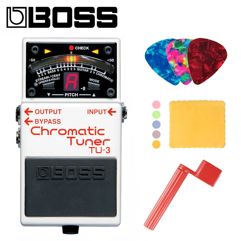 Boss TU-3-Afinador Cromático de guitarra y bajo, Pedal con paquete de derivación con púas, paño de pulido y enrollador de cuerdas - Deportes y entretenimiento