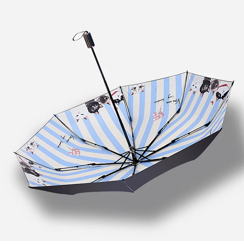 Полосатый зонтик для женщин в три сложения в виде кошки, ветрозащитный зонтик-карандаш для дождливой погоды, зонтик с черным покрытием для животных, кошек, карманный зонтик