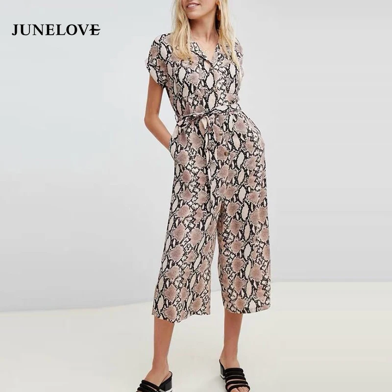 

JuneLove Women Short Sleeve Loose Jumpsuits Vintage Snake Animal Print Female Sexy Jumpsuits Casual Sashes Lady Jumpsuits Romper