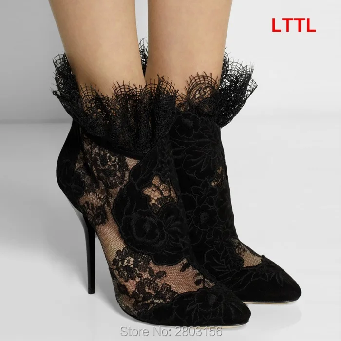 Fashion Women Pointed Toe Booties Sexy Blacek Lace Ankle Boots Back Zipper High Heels Boots Female Dress Shoes