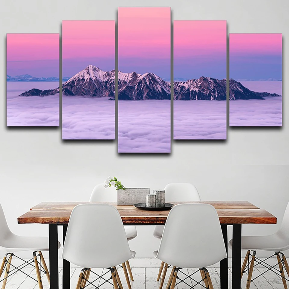 

Wall Art Poster Modern Home Decor Living Room 5 Panel Snow Mountains Cloud Mist Frame Canvas HD Print Painting Modular Pictures