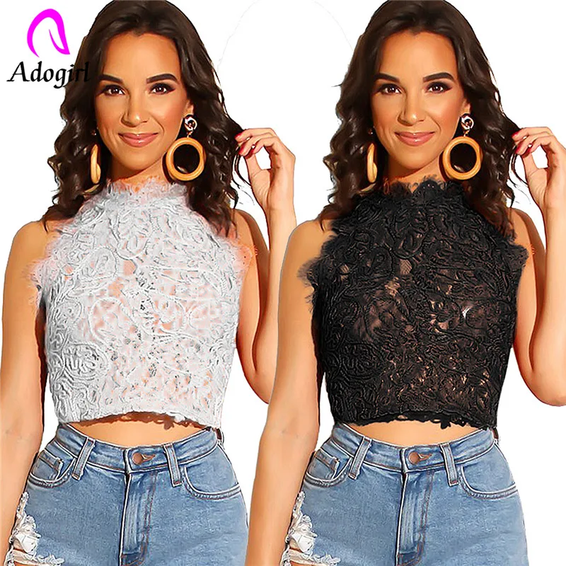 

Adogirl lace knitted floral patchwork short tops for lady European style zip-up crop top Lace sleeveless T-shirt