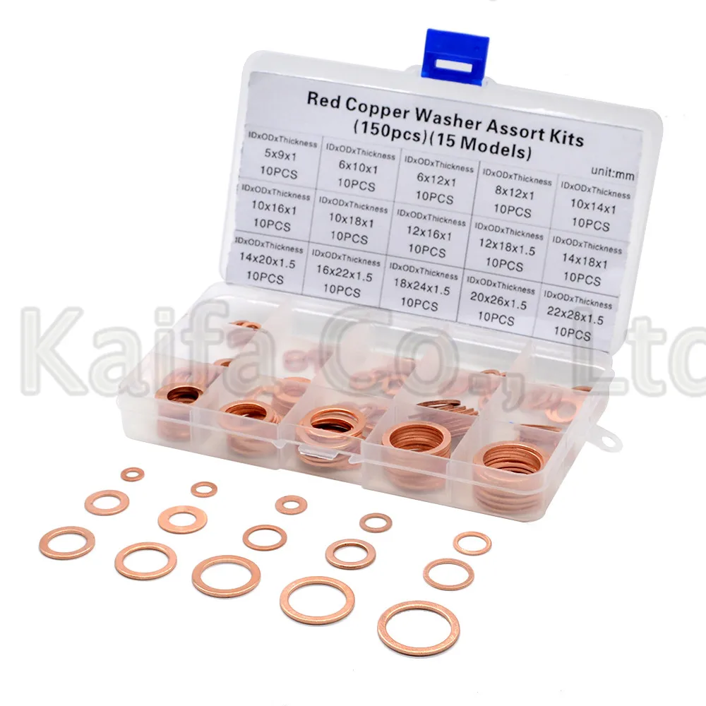 

150PCS Copper Washer Gasket Nut and Bolt Set Flat Ring Seal Assortment Kit M5 M6 M8 M10 M12 M14 M16 M18 M20 for Sump Plugs Water