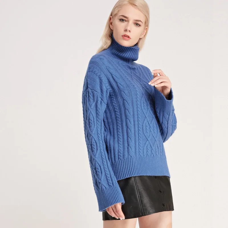 

Women's winter cashmere sweater high collar loose thick warm sweater twist braided solid color soft casual top-Free shipping