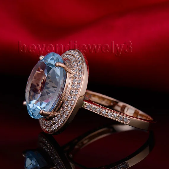 Женские кольца с натуральным камнем, твердое розовое золото 14 к, натуральный голубой топаз, бриллиантовое обручальное кольцо, кольцо с натуральным драгоценным камнем