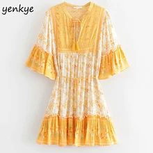 Праздничное летнее платье женское желтое платье с цветочным принтом в стиле бохо женское кружевное платье с v-образным вырезом и рукавом-бабочкой ТРАПЕЦИЕВИДНОЕ повседневное пляжное платье Короткое