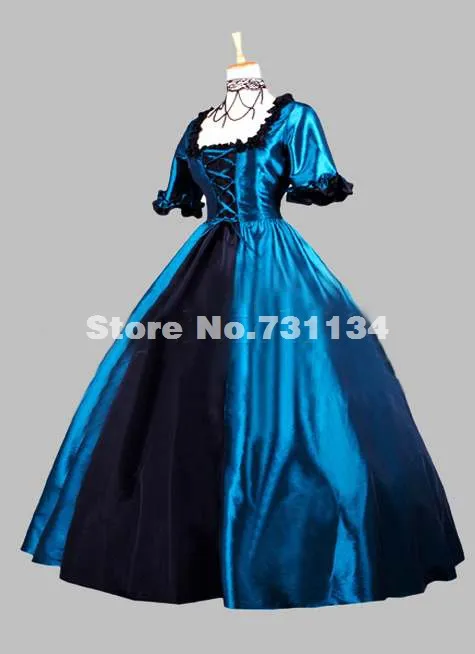 Благородный синий короткий рукав стиль ренессанс викторианский платье средневековая Civil War Southern Belle Бальные платья в викторианском стиле