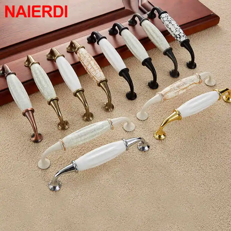 NAIERDI الأوروبية البرونزية السيراميك مقابض للخزانة سبائك الزنك مقابض أدراج باب خزانة ملابس مقابض الأثاث مقبض 96 مللي متر/128 مللي متر