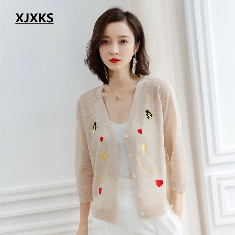 

XJXKS 2019 Summer New Sweater Young Women Thin Embroidery Casual Modis Soft Breathable Young Women Sweater Cardigans