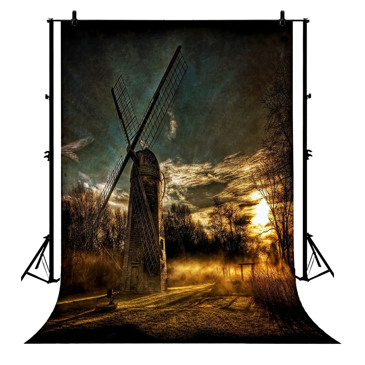 

5x7ft Windmill House Sky Cloud Sunlight Tree Polyester Photo Background Portrait Backdrop
