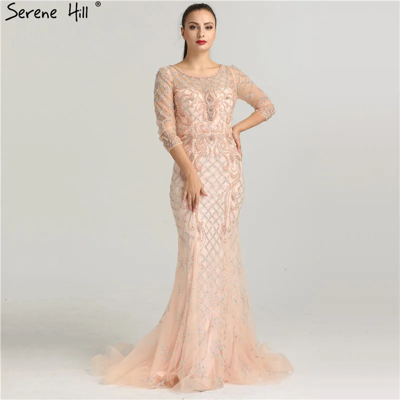 

2019 Crystal Pearls Tulle Luxury Evening Dresses Long Sleeves Mermaid Vintage Evening Gown Real Photo LA6397