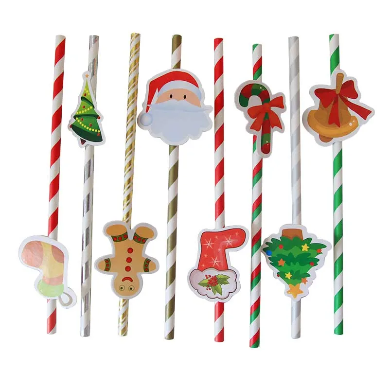 10pcs Santa Claus Straws Christmas Decoration for Home Paper Drinking