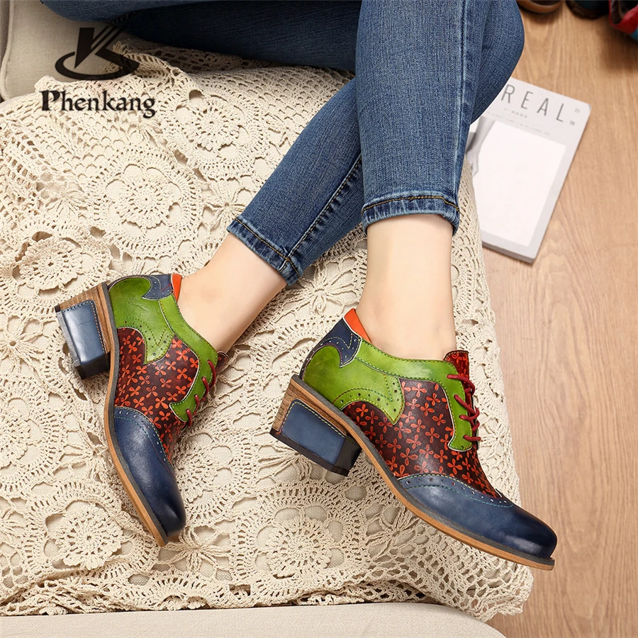 

100% Genuine cow leather Retro lady Pumps casual shoes vintage women handmade oxford shoes for women blue green 2019 spring