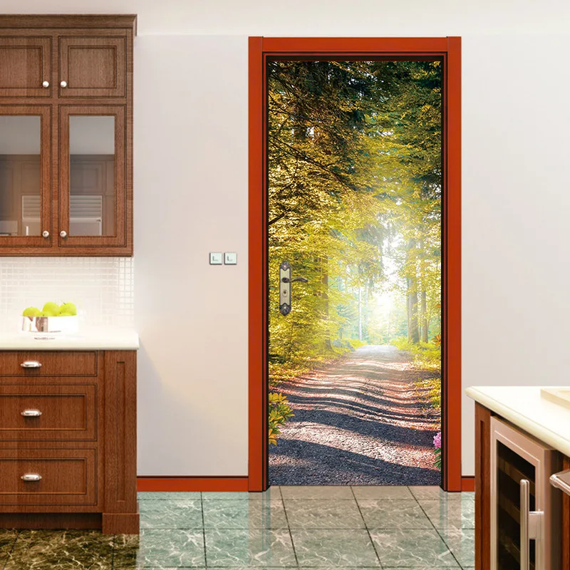 36 x 80" 3D Door Mural Wrap Glossy Bubble Free Autumn Forest Road In