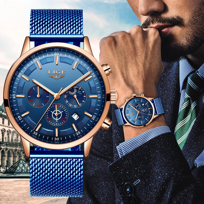 Najtaniej LIGE nowe męskie zegarki męskie modny top marka luksusowy zegarek ze stali nierdzewnej niebieski kwarc mężczyźni Casual Sport wodoodporny zegarek Relojes