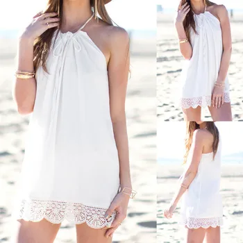 

Summer Solid Straight Bohemian Dress Women Halter Neck Boho Lace Sleeveless Casual Mini Beachwear Dress Sundress robe femme #C